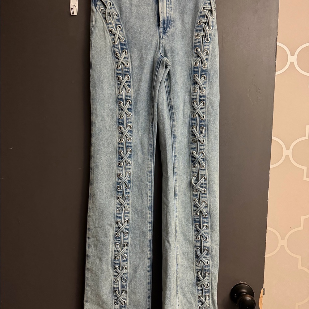 Good American Light Blue Lace-Up Side-Trim Flare Jeans